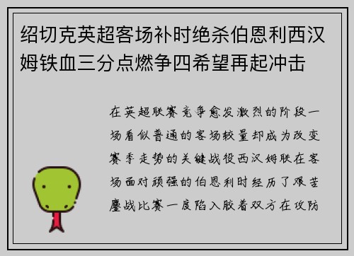 绍切克英超客场补时绝杀伯恩利西汉姆铁血三分点燃争四希望再起冲击 绍切克英超客场补时绝杀伯恩利西汉姆铁血三分点燃争四希望再起冲击